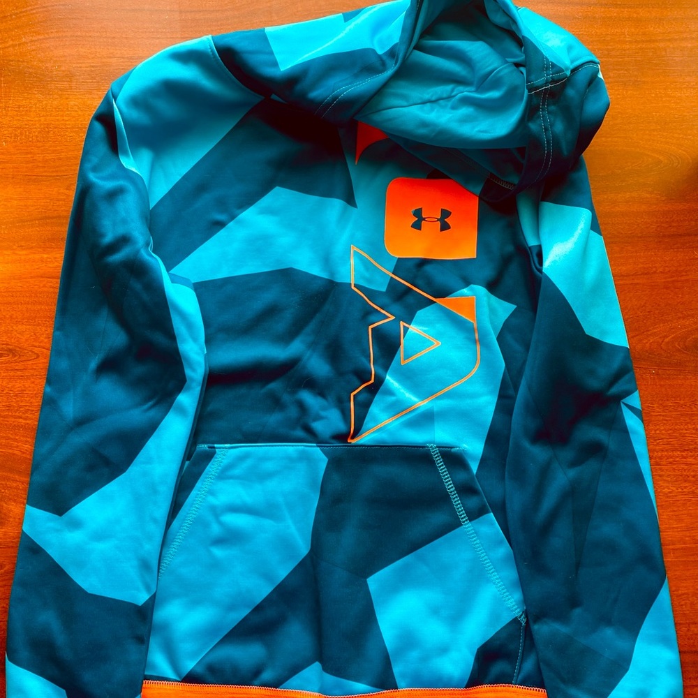 Boys Medium 8/10 Under Armour Sweatshirt Teal/Navy Blue/Lt Blue with Orange Trim